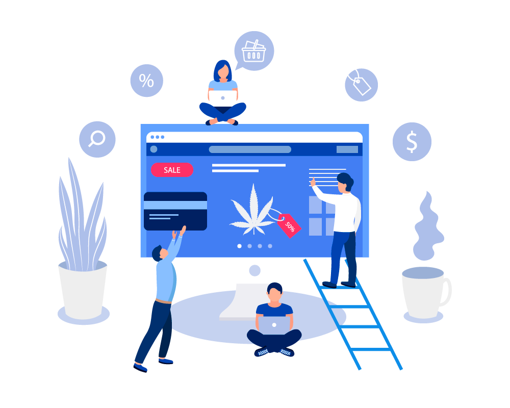 Cannabis delivery service picture. People choosing cannabis products on a website.